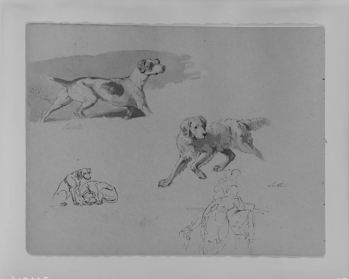 Five Dogs; Two Figures (from Sketchbook) by Thomas Sully, artwork, 1810-1820