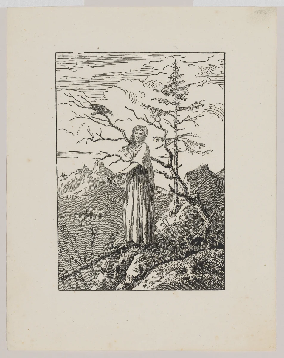 Woman with a Raven at a Precipice by Christian Friedrich, print, 1803