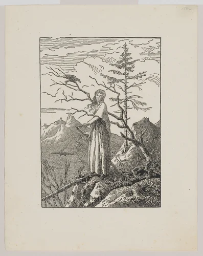 Woman with a Raven at a Precipice by Christian Friedrich, print, 1803