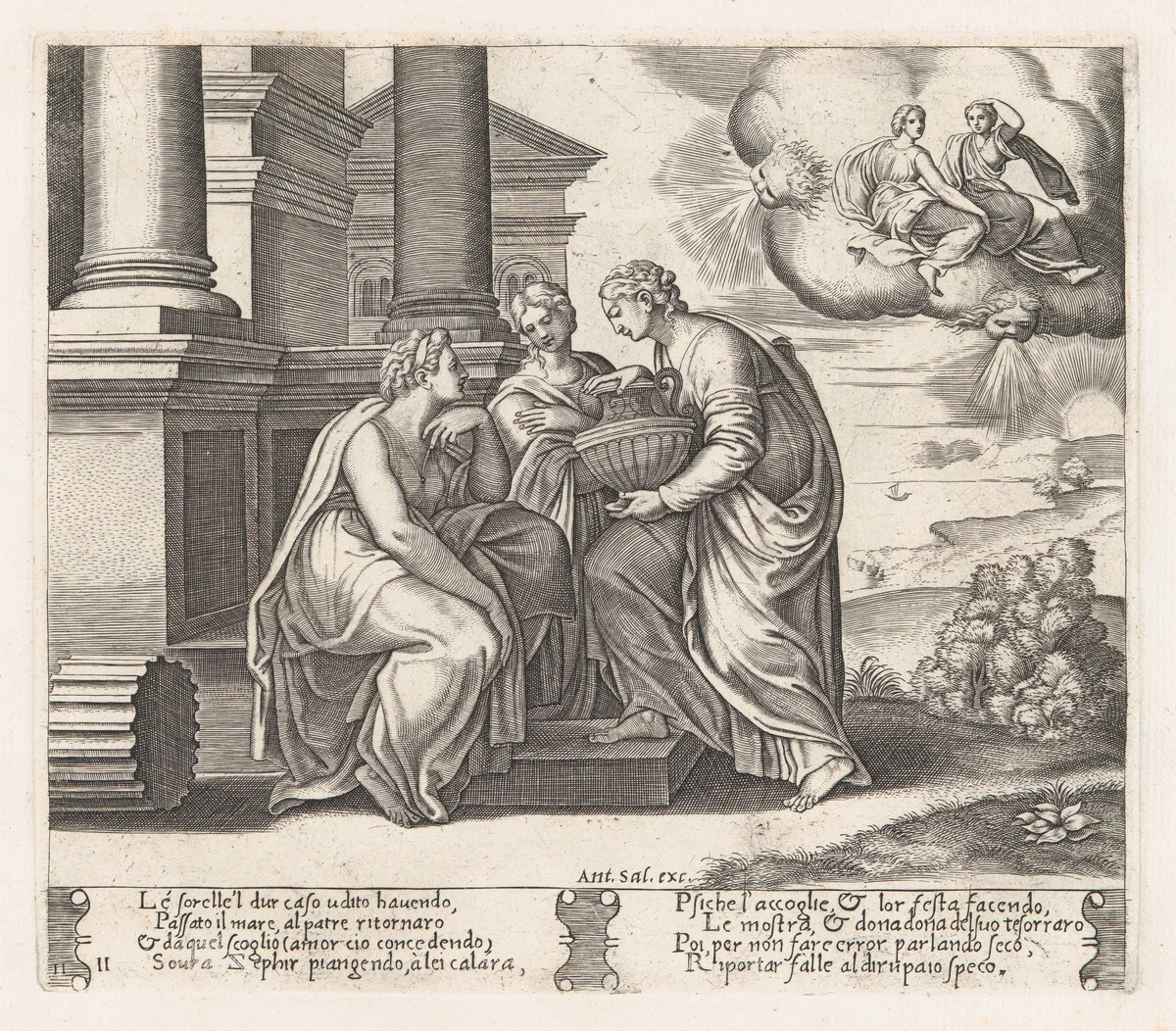Plate 11: Psyche offering presents to her sisters who also appear on the clouds at upper right, from "The Story of Cupid and Psyche as told by Apuleius" by Master of the Die, print, 1530-1560