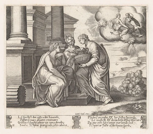 Plate 11: Psyche offering presents to her sisters who also appear on the clouds at upper right, from "The Story of Cupid and Psyche as told by Apuleius" by Master of the Die, print, 1530-1560
