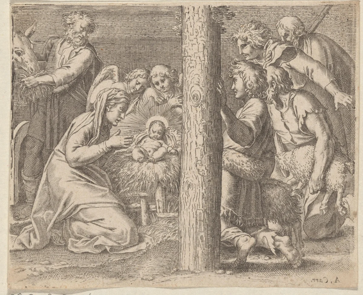 Aanbidding door de herders by anonymous, print, 1606