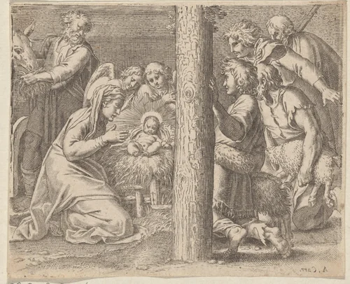 Aanbidding door de herders by anonymous, print, 1606