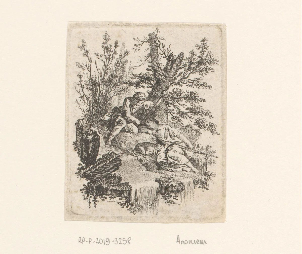 Rustende herders met hond by anonymous, print, 1650-1750