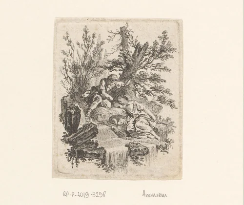 Rustende herders met hond by anonymous, print, 1650-1750