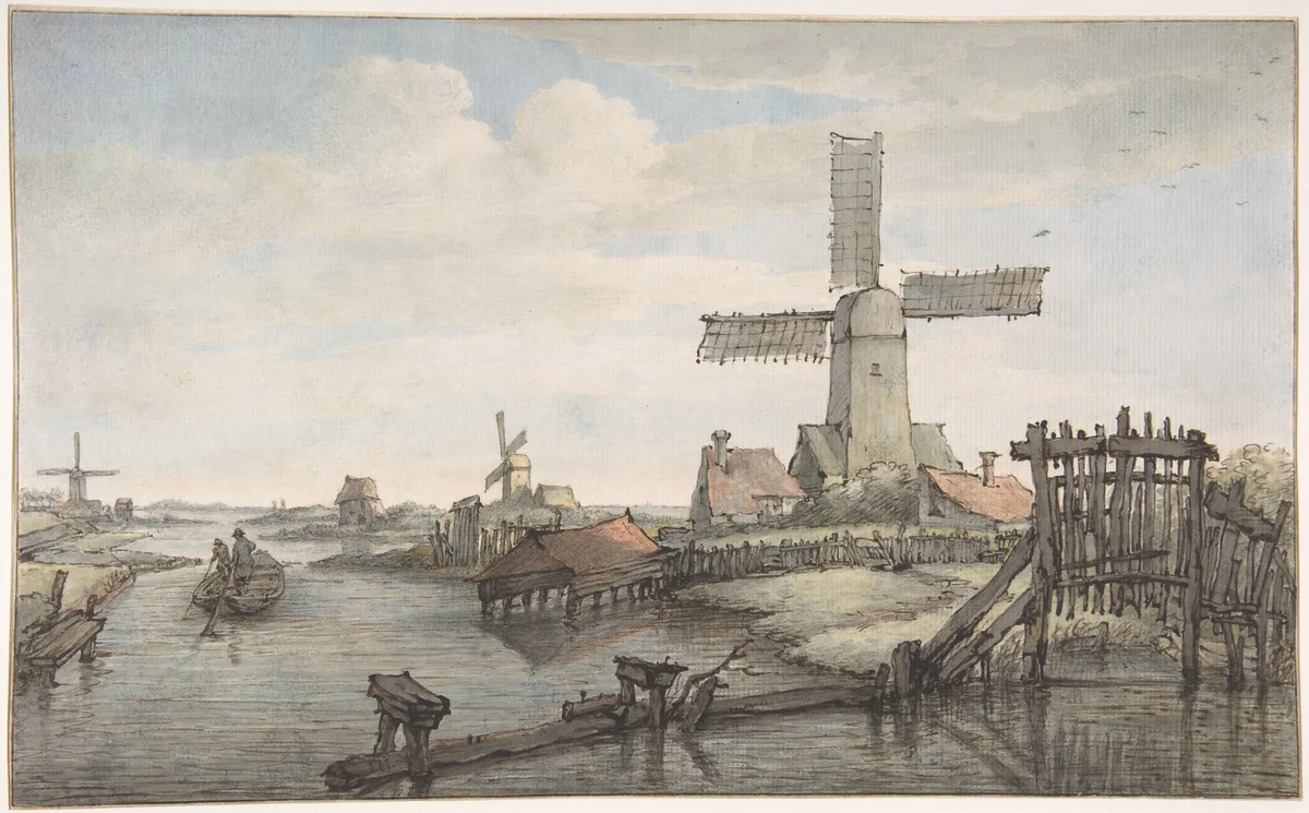 View of a Canal with Three Windmills by Jan Hulswit, drawing, 1780-1822