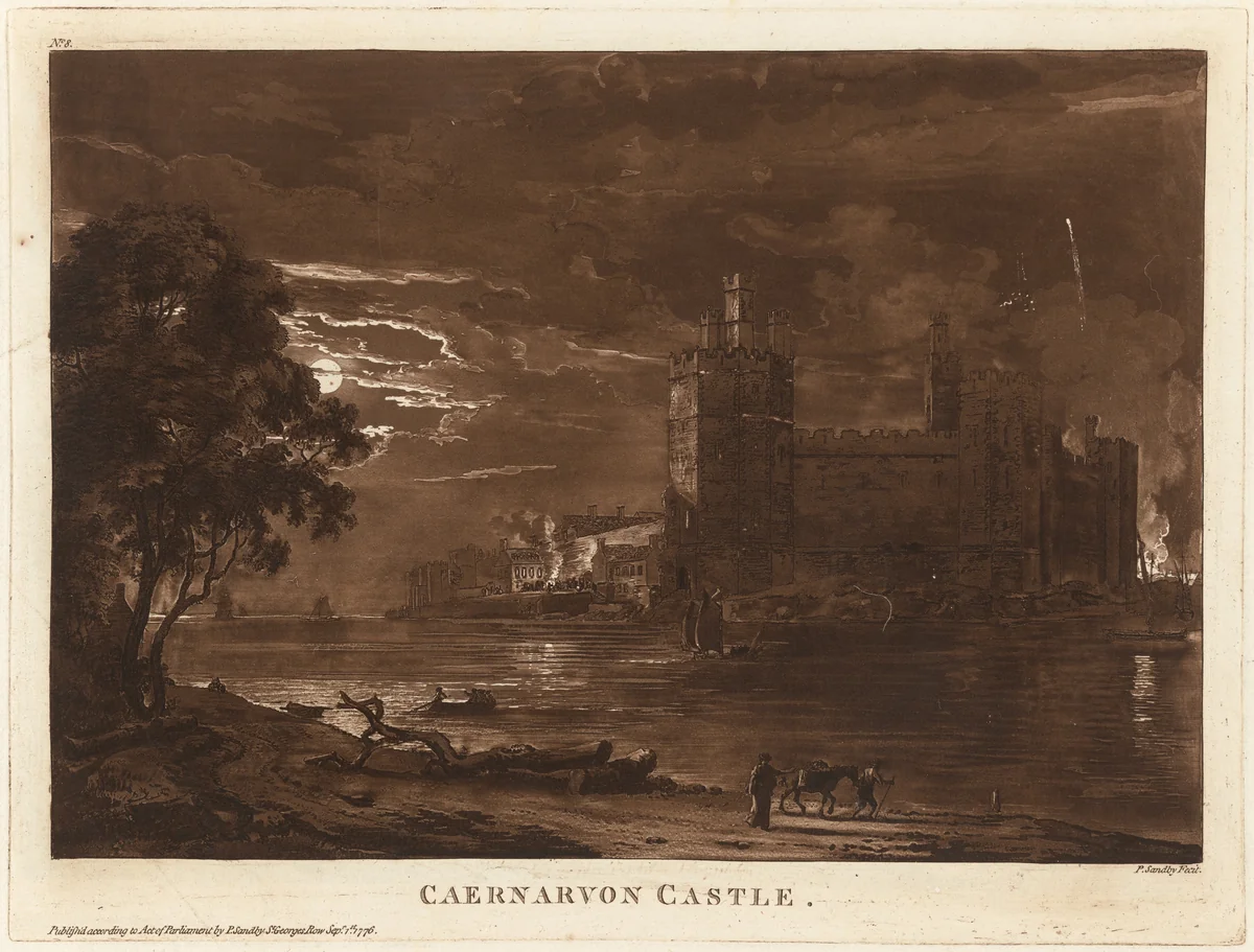 Caernarvon Castle (Night) by Paul Sandby; Robert Pollard, print, 1776