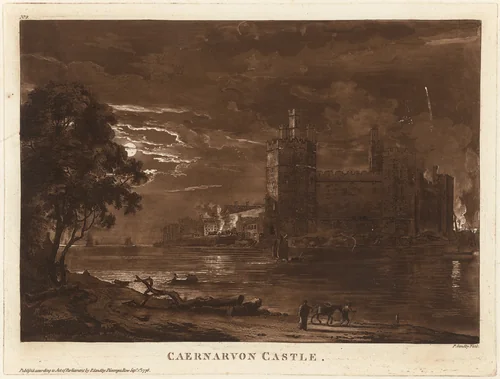 Caernarvon Castle (Night) by Paul Sandby; Robert Pollard, print, 1776