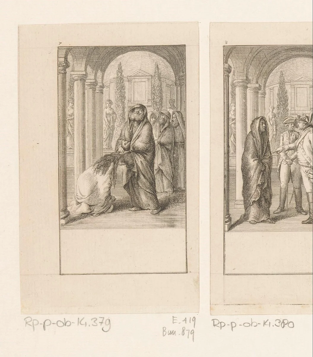 Lanassa vertelt de brahmaan haar laatste wens by Daniel Nikolaus Chodowiecki, print, 1782