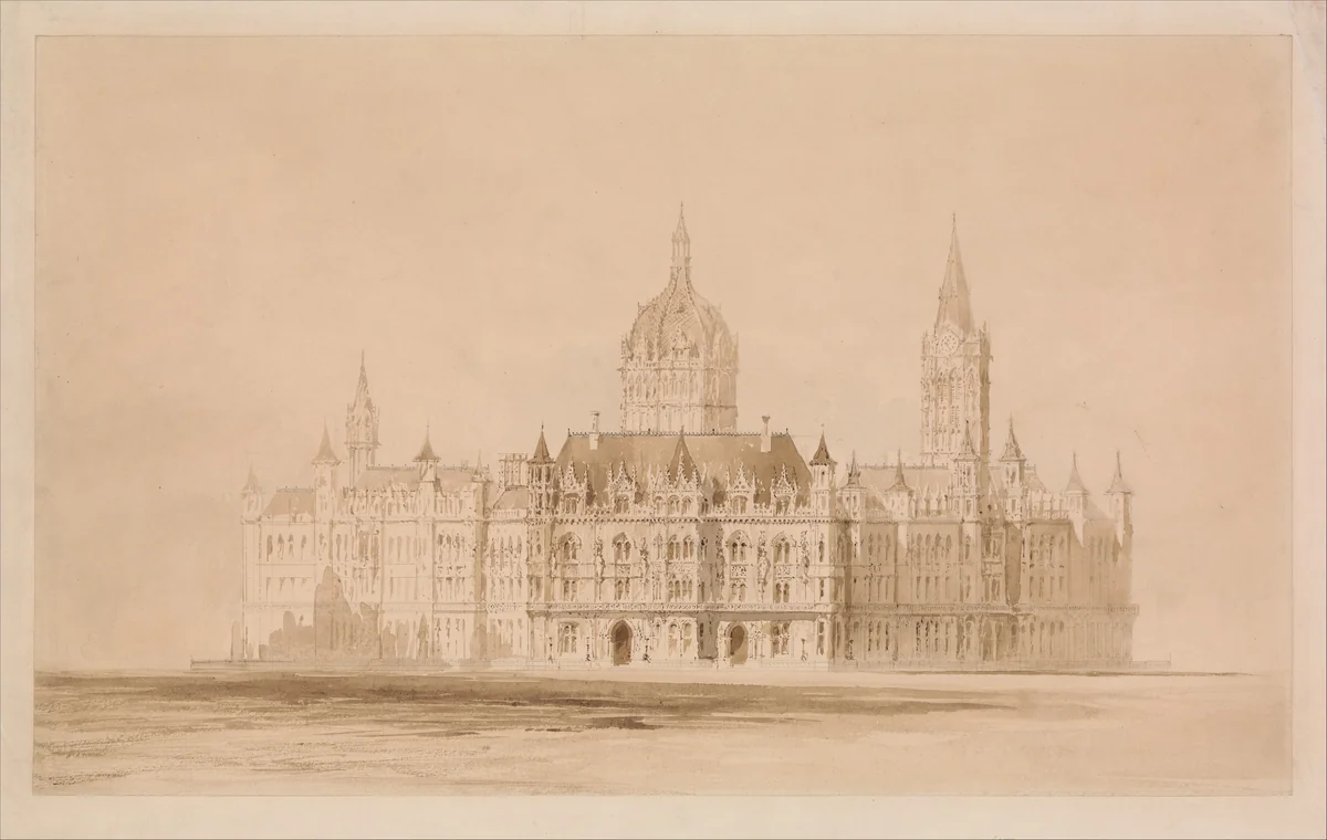 Competition Drawing for the Manchester Town Hall by Thomas Allom, drawing, 1866