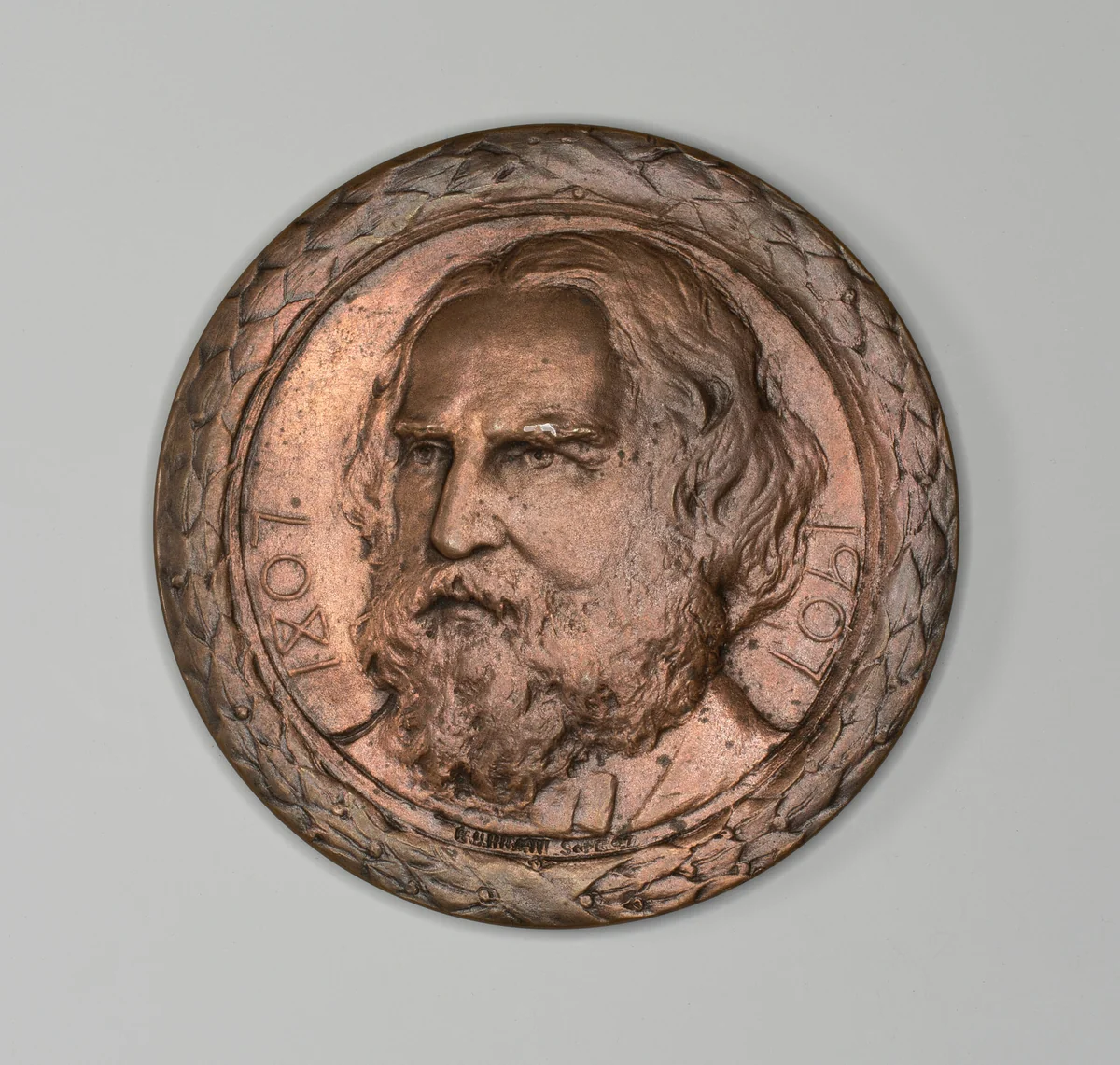 Medal commemorating Henry Wadsworth Longfellow by Bela Lyon Pratt, metalwork, 1882