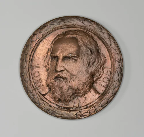 Medal commemorating Henry Wadsworth Longfellow by Bela Lyon Pratt, metalwork, 1882