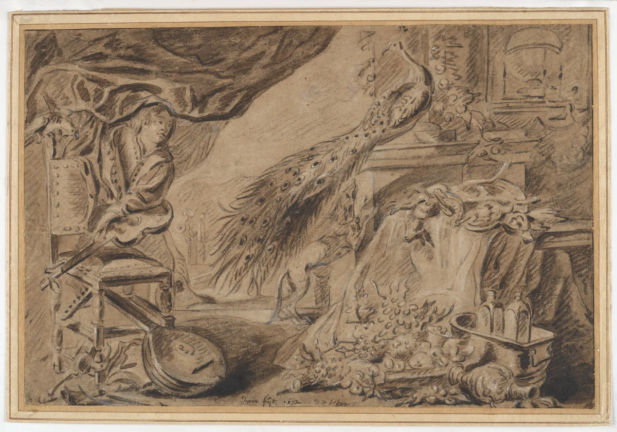 Still Life of Fruit, Musical Instruments, and Venison, with a Young Man at the Left by Jan Fijt, drawing, 1672