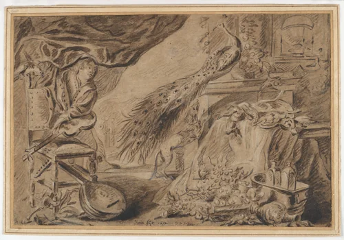 Still Life of Fruit, Musical Instruments, and Venison, with a Young Man at the Left by Jan Fijt, drawing, 1672