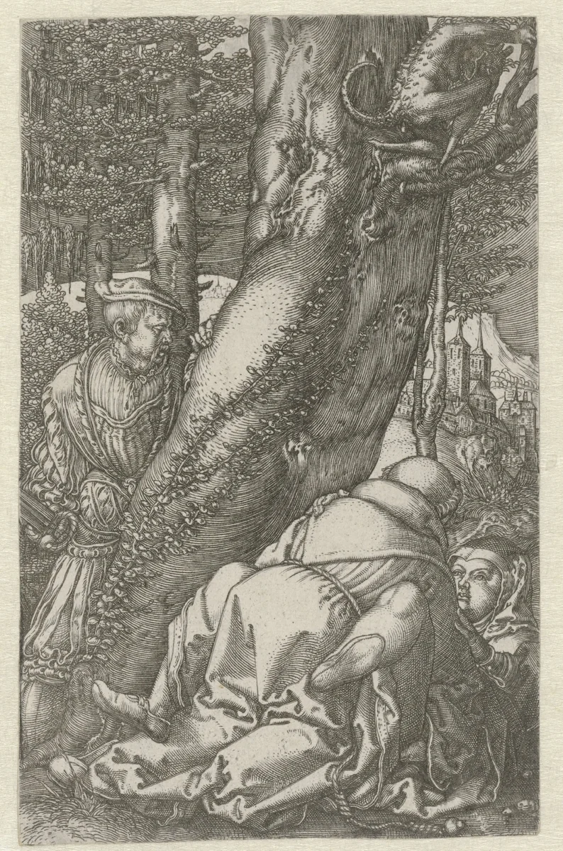 De monnik en de non begluurd door een soldaat by Heinrich Aldegrever, print, 1512-1560