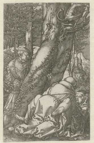 De monnik en de non begluurd door een soldaat by Heinrich Aldegrever, print, 1512-1560