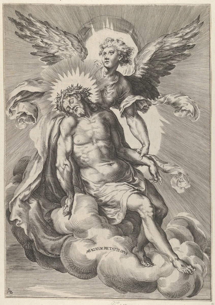 Angel supporting Christ, who is also resting on clouds by Cherubino Alberti, print, 1570-1615