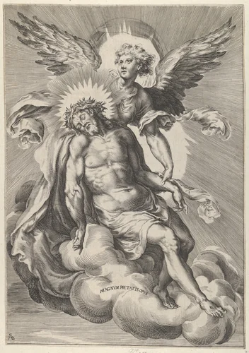 Angel supporting Christ, who is also resting on clouds by Cherubino Alberti, print, 1570-1615