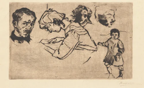 Self-Portrait with Four Other Studies by Umberto Boccioni, print, 1907-1909