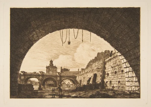 Le Pont-neuf et la Samartaine de dessous la première arche du Pont-au-Change (Pont-neuf and the Samartaine seen from under the first arch of the Pont-au-Change, Paris, after Nicolle) by Charles Meryon, print, 1855