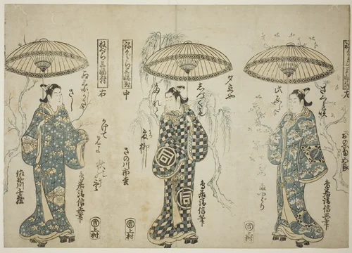 The Actors Onoe Kikugoro I (right), Sanogawa Ichimatsu I (center), and Sanogowa Senzo (left), from the triptych "Negura sanpukutsui" by Torii Kiyonobu II, print, 1743-1753
