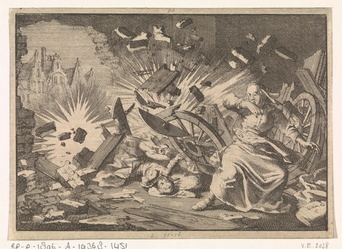 Tijdens het beleg van Memmingen ontploft een granaat in een woning, 1647 by Jan Luyken, print, 1698
