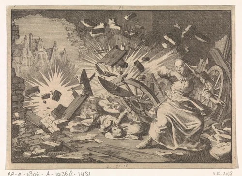 Tijdens het beleg van Memmingen ontploft een granaat in een woning, 1647 by Jan Luyken, print, 1698