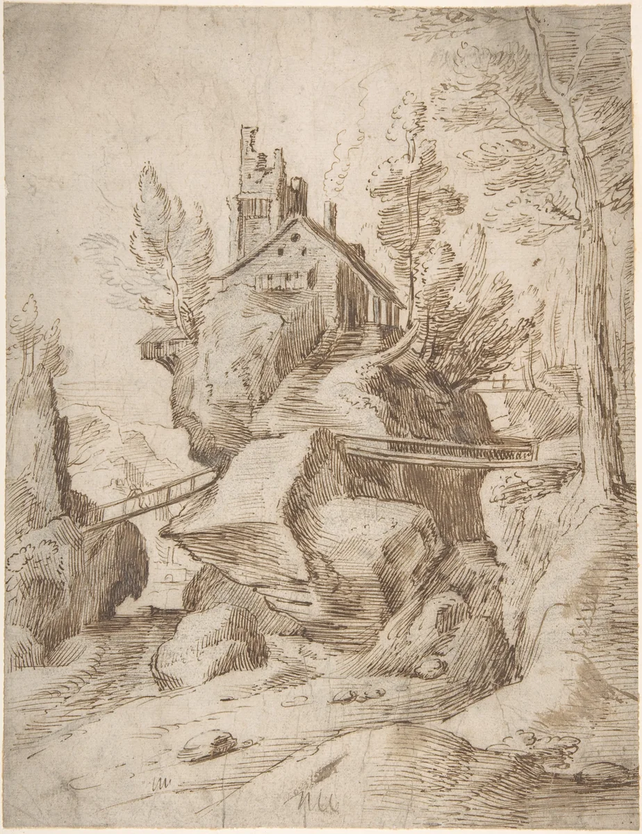 Fantastic Rocky Landscape with a Farmhouse and Three Foot Bridges by anonymous, drawing, 1570-1583