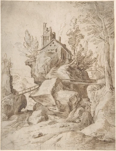 Fantastic Rocky Landscape with a Farmhouse and Three Foot Bridges by anonymous, drawing, 1570-1583