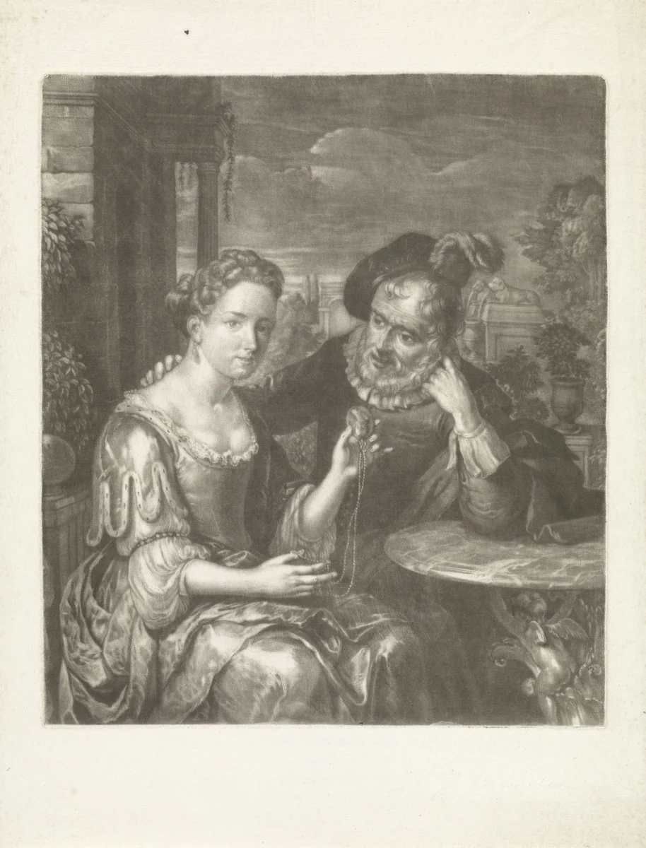 Jonge vrouw en oude man by Jan Broedelet, print, 1670-1700