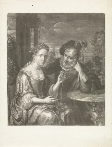 Jonge vrouw en oude man by Jan Broedelet, print, 1670-1700