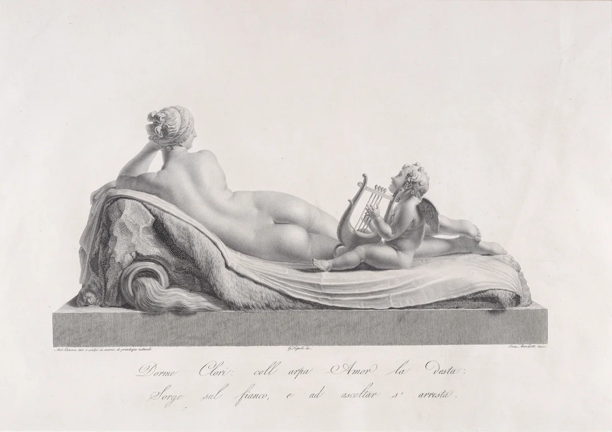 Back view of Venus reclining accompanied by Cupid with a harp, from "Oeuvre de Canova: Recueil de Statues..." by Domenico Marchetti, print, 1817