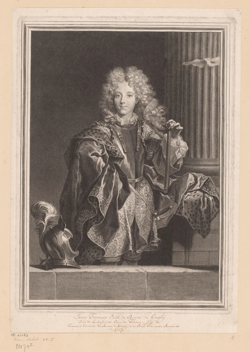 Portret van Jean François Paul de Bonne de Créqui by Pierre Drevet, print, 1691