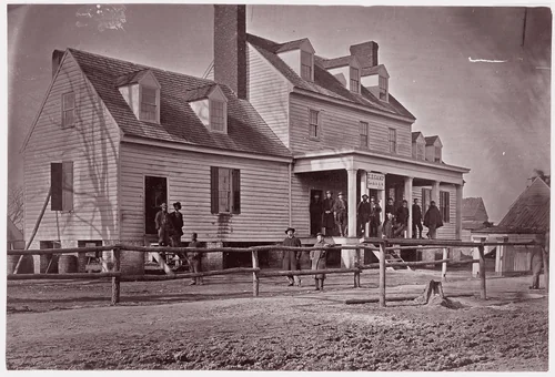 [Headquarters of Captain E. E. Camp, Assistant Quartermaster at City Point, Virginia] by Andrew Joseph Russell, photograph, 1861-1865