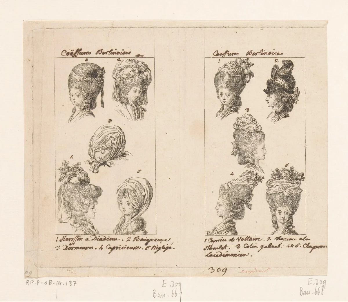 Dameskapsels en hoofddeksels by Daniel Nikolaus Chodowiecki, print, 1779