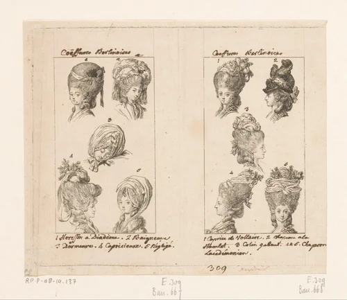 Dameskapsels en hoofddeksels by Daniel Nikolaus Chodowiecki, print, 1779