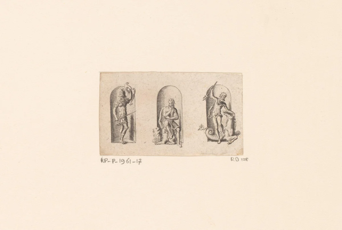Drie nissen met Mars, Hercules en Neptunus by Etienne Delaune, print, 1578
