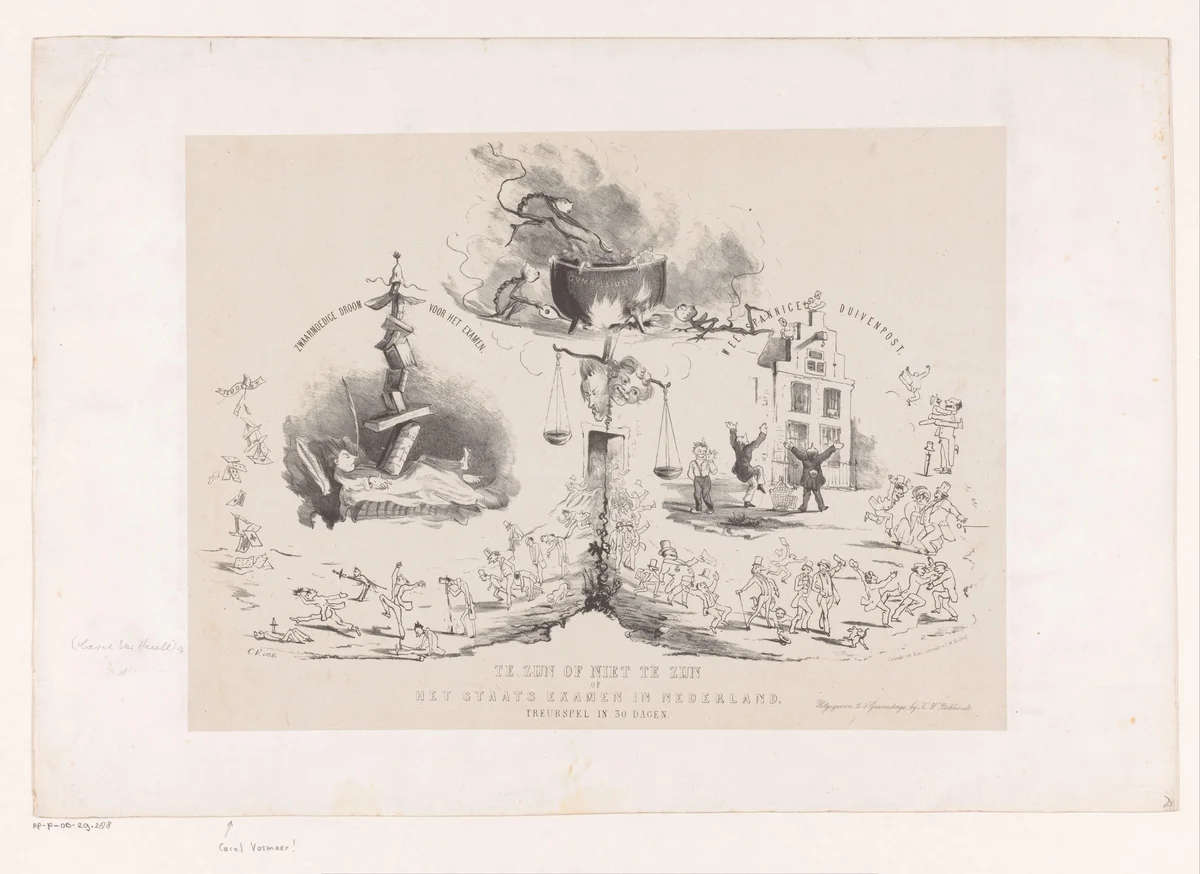 Spotprent op het staatsexamen ter toelating tot de universiteit, 1850 by anonymous, print, 1850