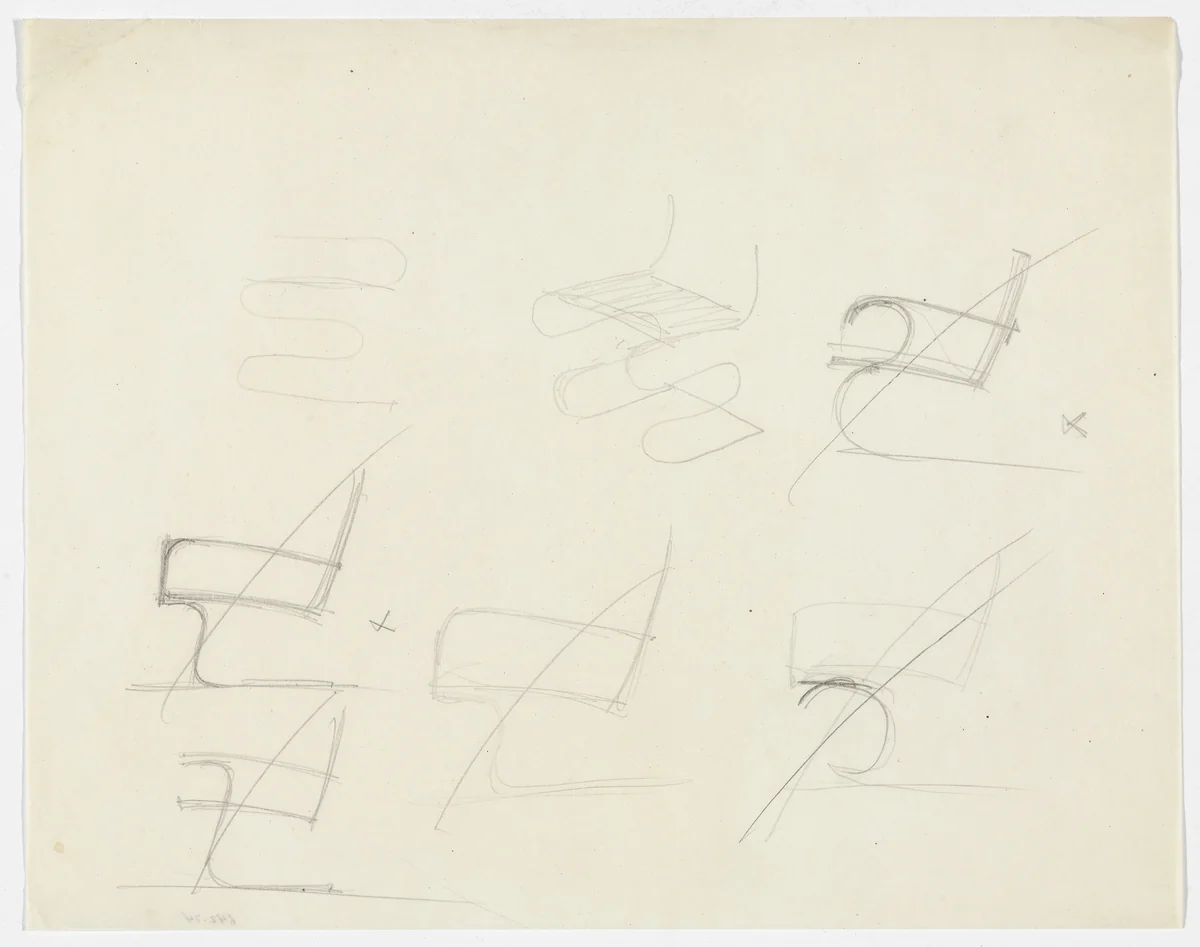 Lounge Chair with Arms (Perspective sketch and six elevation sketches) by Ludwig Mies van der Rohe, mies van der rohe archive, 1926