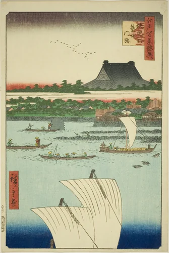 Teppozu and Tsukiji Honganji Temple (Teppozu Tsukiji Monzeki), from the series "Supplement to the One Hundred Famous Views of Edo (Edo hyakkei yokyo)" by Utagawa Hiroshige (歌川広重), print, 1858