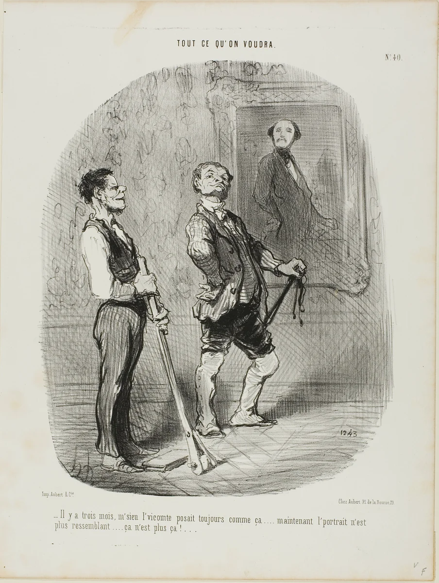 “- Three months ago, the Count sat model like that.... nowadays there is no more similarity..... everything seems to be wrong,” plate 40 from Tout Ce Qu'on Voudra by Honoré-Victorin Daumier, print, 1848