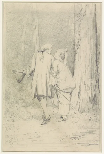 Wandelend paar in bos by Auguste Serrure, drawing, 1835-1903