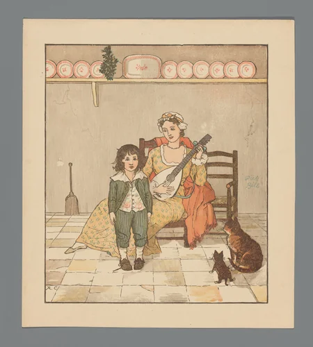 Vrouw met luit en kind in een interieur by Edmund Evans, print, 1879-1927