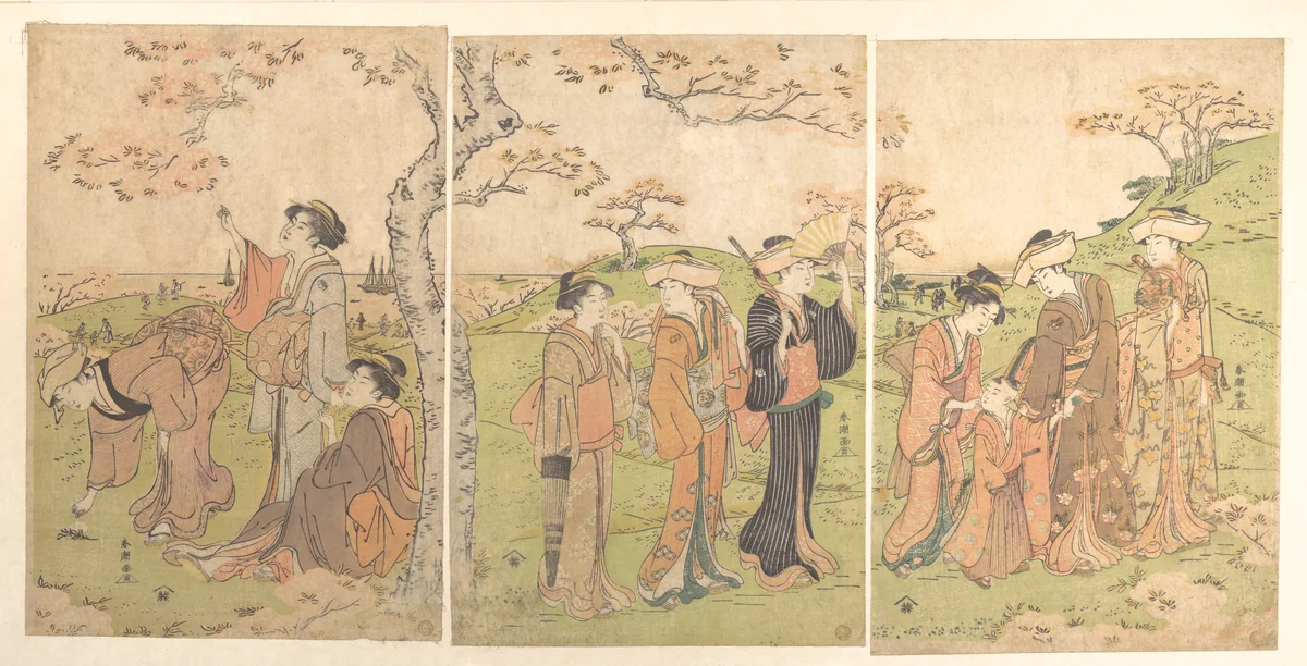 Women and Children Viewing the Cherry Blossoms at Gotenyama by Katsukawa Shunchō (勝川春潮), print, 1777-1797
