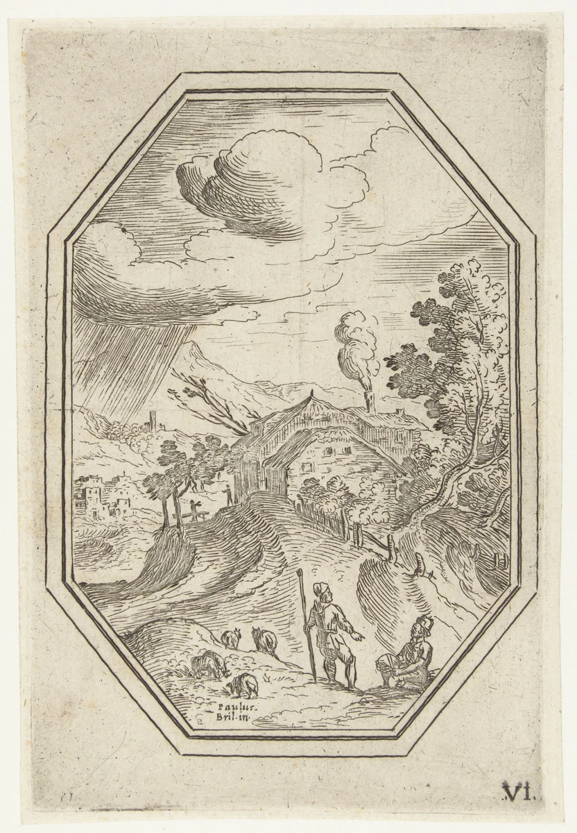 Landschap met herder in octagonaal kader by Unknown, print, 1582-1626