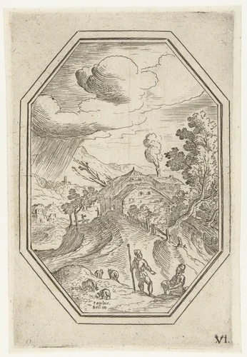 Landschap met herder in octagonaal kader by Unknown, print, 1582-1626