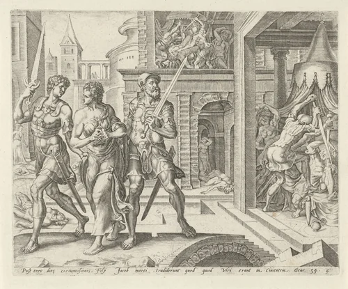 Simeon en Levi nemen Dina mee naar huis by Harmen Jansz Muller, print, 1567-1571