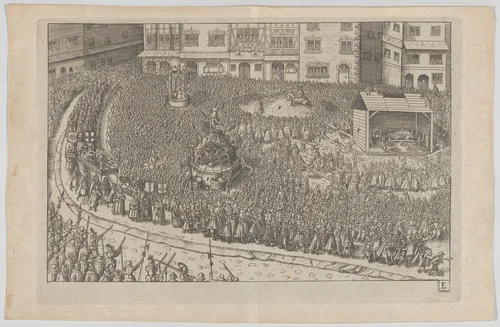 Plate E: Election and Coronation of Emperor Maximilian II by anonymous, print, 1612