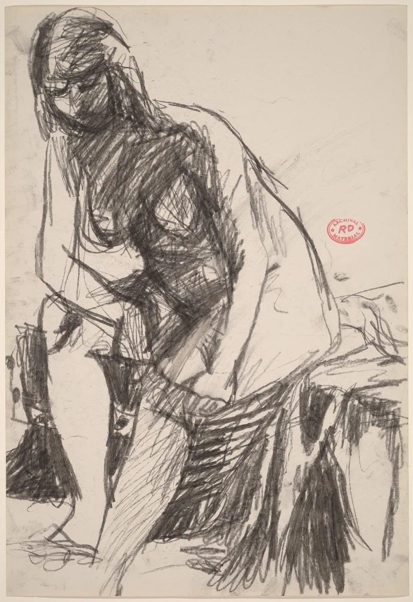 Untitled [female nude seated on a draped stool and leaning forward] by Richard Diebenkorn, drawing, 1955-1967