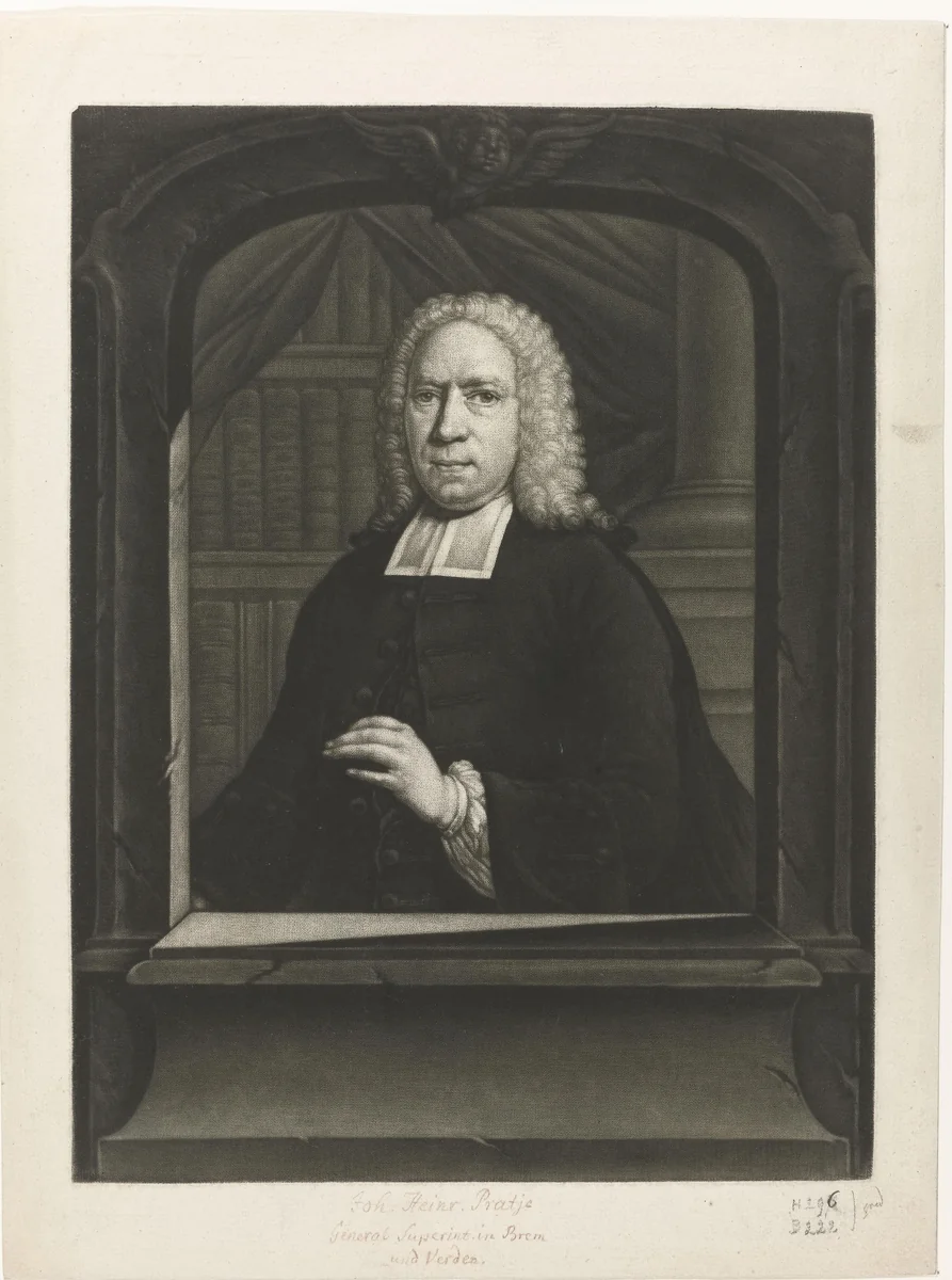 Portret van Johann Hinrich Pratje by Jan Stolker, print, 1734-1785